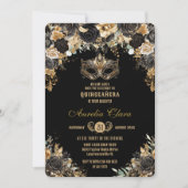 Zwart Goud Bloemen Masquerade Bal Quinceañera Kaart (Voorkant)