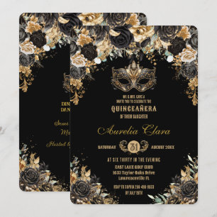 Zwart Goud Bloemen Masquerade Bal Quinceañera Kaart
