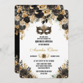 Zwart Goud Bloemen Masquerade Bal Quinceañera Kaart (Voorkant / Achterkant)