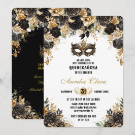 Zwart Goud Bloemen Masquerade Bal Quinceañera Kaart