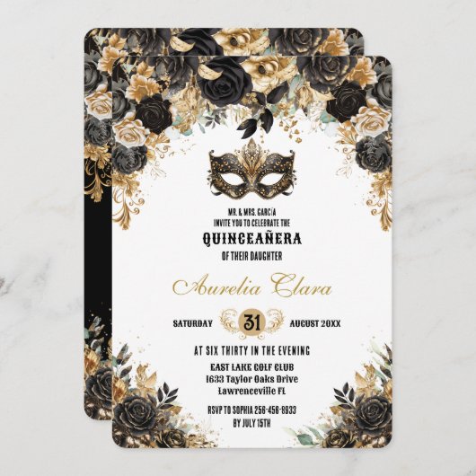 Zwart Goud Bloemen Masquerade Bal Quinceañera Kaart (Voorkant / Achterkant)
