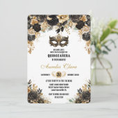 Zwart Goud Bloemen Masquerade Bal Quinceañera Kaart (Staand voorkant)