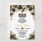 Zwart Goud Bloemen Masquerade Bal Quinceañera Kaart (Voorkant)