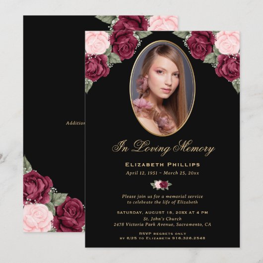 Zwart Goud Bloemen Memorial Service Uitvaart Foto Kaart (Voorkant / Achterkant)
