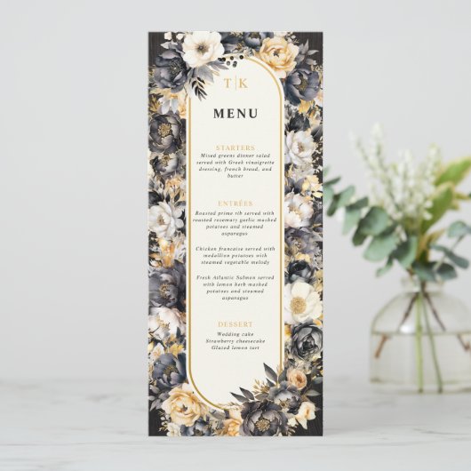 Zwart & Goud Bloemen Plat Menu (Staand voorkant)