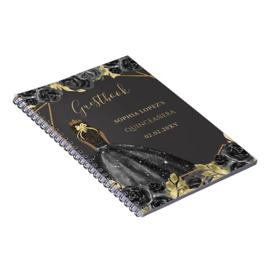 Zwart Goud Bloemen Prinses Quinceanera Gastenboek Notitieboek (Rechterzijde)