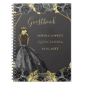 Zwart Goud Bloemen Prinses Quinceanera Gastenboek Notitieboek (Voorkant)