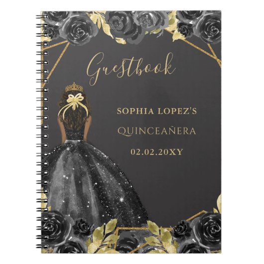 Zwart Goud Bloemen Prinses Quinceanera Gastenboek Notitieboek (Voorkant)