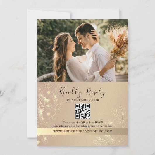 Zwart Goud Bloemen QR Code Huwelijksuitnodiging Kaart (Achterkant)