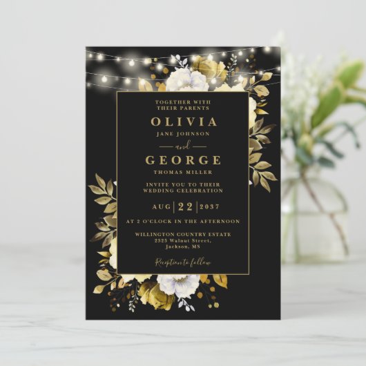 Zwart Goud Bloemen String Lichten QR Code Huwelijk Kaart (Staand voorkant)