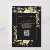 Zwart Goud Bloemen String Lichten QR Code Huwelijk Kaart (Achterkant)