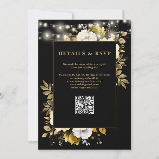 Zwart Goud Bloemen String Lichten QR Code Huwelijk Kaart (Achterkant)