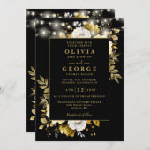 Zwart Goud Bloemen String Lichten QR Code Huwelijk Kaart (Voorkant / Achterkant)