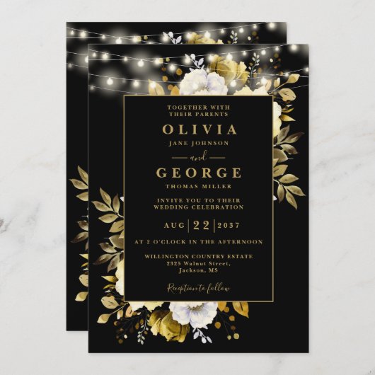 Zwart Goud Bloemen String Lichten QR Code Huwelijk Kaart (Voorkant / Achterkant)