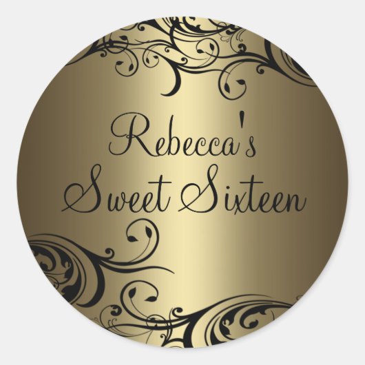 Zwart/Goud Bloemen Swirl Sweet 16 Sticker (Voorkant)