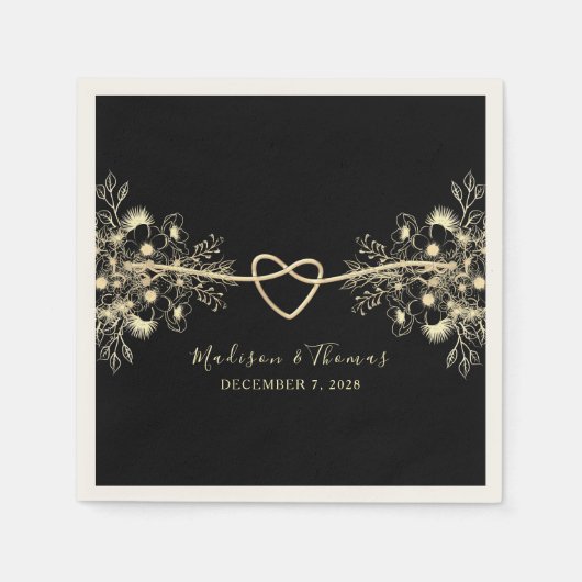 Zwart Goud Bloemen Trouwcocktail servetten (Voorkant)