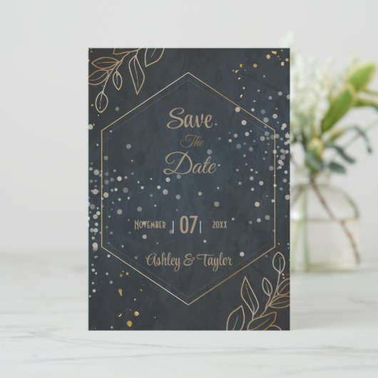 Zwart & Goud Bloemen Trouwen Save The Date (Staand voorkant)