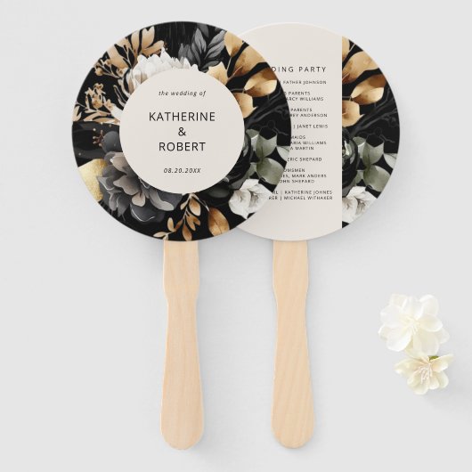 Zwart Goud Bloemen Trouwprogramma Hand Fan Handwaaier (Voorkant en achterkant)