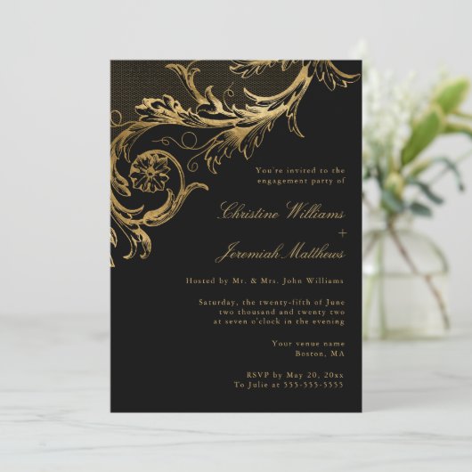  Zwart Goud Bloemen Verlovingsfeest Kaart (Staand voorkant)
