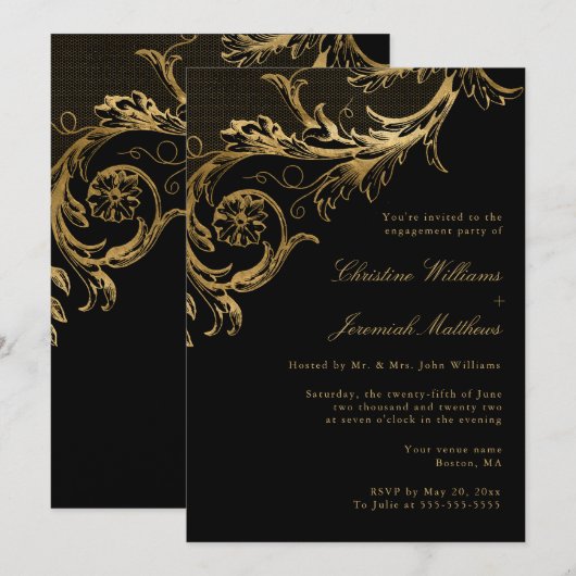  Zwart Goud Bloemen Verlovingsfeest Kaart (Voorkant / Achterkant)