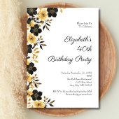 Zwart Goud Bloemen Waterverf 40ste Verjaardagsfees Kaart