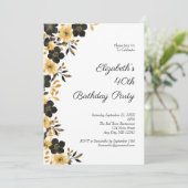Zwart Goud Bloemen Waterverf 40ste Verjaardagsfees Kaart (Staand voorkant)