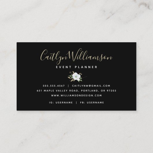 Zwart Goud Bloemen Waterverf Script Elegant Modern Visitekaartje (Achterkant)