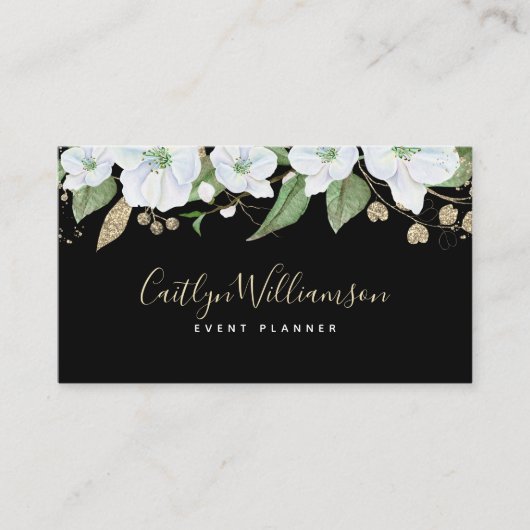 Zwart Goud Bloemen Waterverf Script Elegant Modern Visitekaartje (Voorkant)