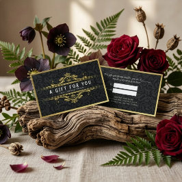 Zwart & Goud Bloemendamask Linnen Cadeaubon Kortingskaartje