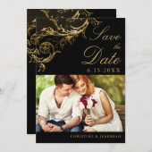  zwart goud bloemendamast foto bruiloft save the date (Voorkant / Achterkant)