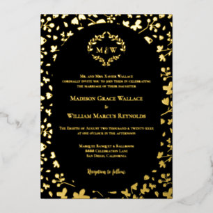 Zwart & goud bloemendrilletter elegant luxe trouwe folie uitnodiging
