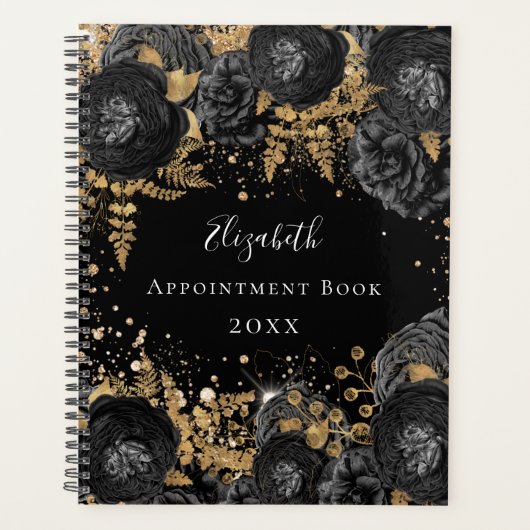 Zwart goud bloemenglitter naam glamoureus 2024 planner (Voorkant)
