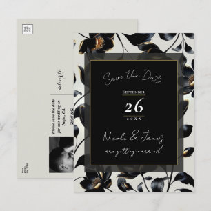 Zwart & Goud Bloemig Beige Trouw 'Save the Date' Aankondigingskaart