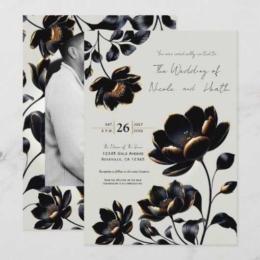 Zwart & Goud Bloemig Beige Trouwfeest Kaart (Voorkant / Achterkant)