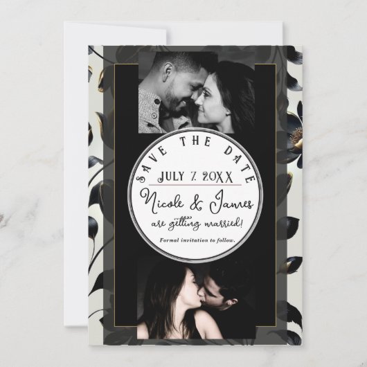 Zwart & Goud Bloemig Crème Wedding Save the Date (Voorkant)
