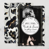 Zwart & Goud Bloemig Crème Wedding Save the Date (Voorkant / Achterkant)