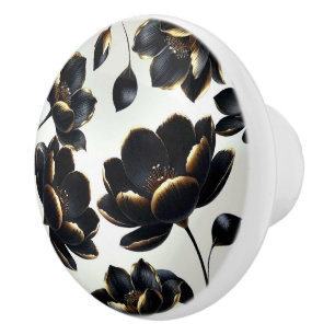 Zwart & goud bloemmotief greige elegant donker mel keramische knop