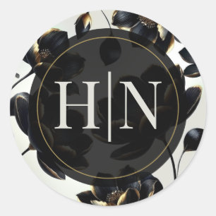 Zwart & Goud Bloemmotief Greige Elegante Trouw Ronde Sticker