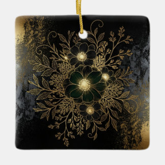 Zwart & goud bloemornament met luxe metalen afwerk keramisch ornament
