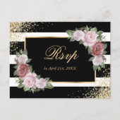 Zwart Goud Blush Bloemen Bruiloft RSVP Briefkaart (Voorkant)