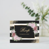 Zwart Goud Blush Bloemen Bruiloft RSVP Briefkaart (Staand voorkant)