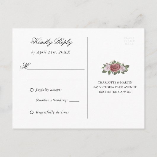 Zwart Goud Blush Bloemen Bruiloft RSVP Briefkaart (Achterkant)