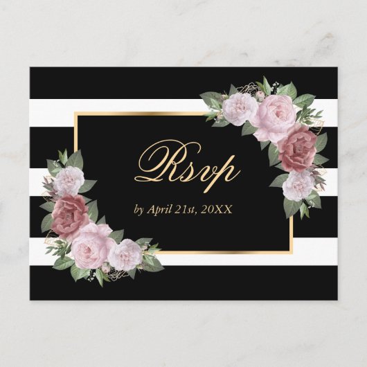 Zwart Goud Blush Bloemen Bruiloft RSVP Briefkaart (Voorkant)