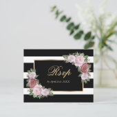 Zwart Goud Blush Bloemen Bruiloft RSVP Briefkaart (Staand voorkant)