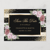 Zwart Goud Blush Bloemen Bruiloft Save The Date Aankondigingskaart (Voorkant)