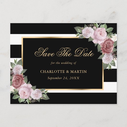 Zwart Goud Blush Bloemen Bruiloft Save The Date Aankondigingskaart (Voorkant)