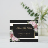 Zwart Goud Blush Bloemen Bruiloft Save The Date Aankondigingskaart (Staand voorkant)
