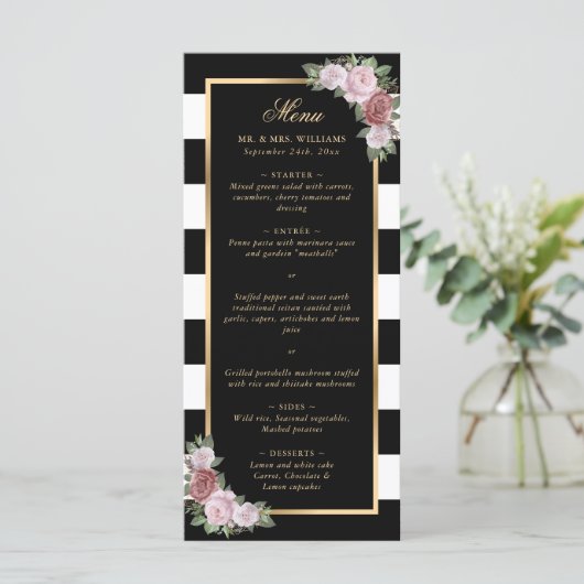 Zwart Goud Blush Roze Bloemen Bruiloft Menu (Staand voorkant)
