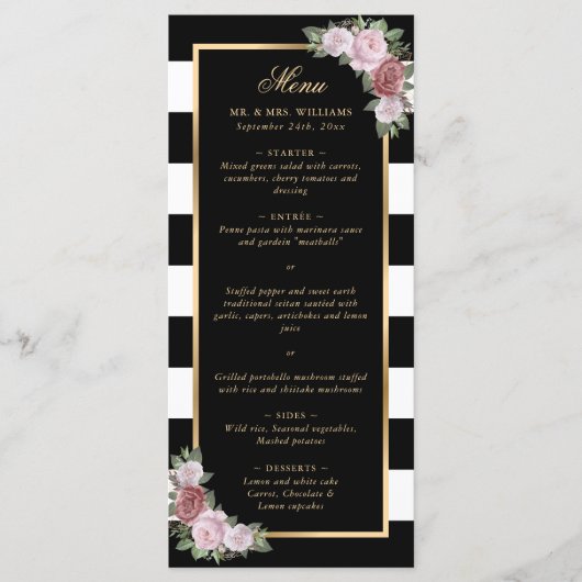 Zwart Goud Blush Roze Bloemen Bruiloft Menu (Voorkant)