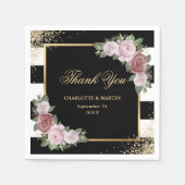 Zwart Goud Blush Roze Bloemen Dank u bruiloft Servet (Voorkant)
